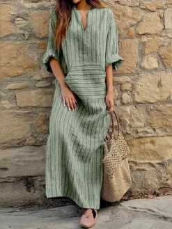 Women‘s Cotton Linen Dress Shirt Dress Casual Dress Tartan Dress Maxi Long Dress Cotton And Linen Casual Outdoor Daily Holiday Split Neck Rolled Cuff Print Long Sleeve Summer Spring Fall 2023 -Party Prom Dresses Sales Store fapgln1673934012650