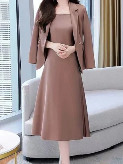 Women's Two Piece Dress Set Work Dress Skirt Set Formal Office Streetwear Elegant Button Pocket Midi Dress Shirt Collar Long Sleeve Plain Regular Fit Black Purple Beige Fall Winter M L XL XXL 3XL -Party Prom Dresses Sales Store fbjzts1694498842244