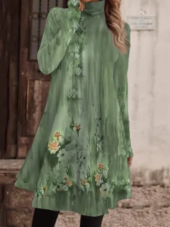 Women's Work Dress Casual Dress Fashion Winter Dress Daily Mini Dress Print Turtleneck Long Sleeve Floral Letter Regular Fit Light Pink Black Light Green Fall Winter S M L XL XXL -Party Prom Dresses Sales Store fbqpqi1694573147301