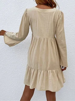 Women's Casual Dress Cotton Linen Dress Mini Dress Linen / Cotton Blend Basic Classic Outdoor Daily Vacation Split Neck Ruffle Button Long Sleeve Fall Winter Autumn 2023 Loose Fit Apricot Plain S M L -Party Prom Dresses Sales Store fbyqcc1695014843816