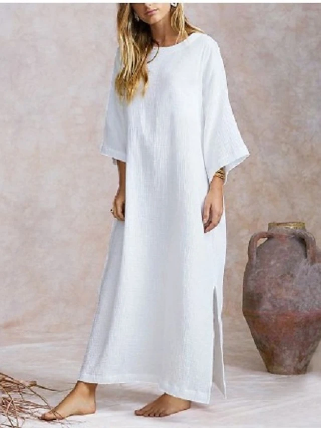 Women's Casual Dress Cotton Linen Dress White Dress Maxi Long Dress Cotton Blend Basic Casual Outdoor Daily Crew Neck Split Long Sleeve Spring Fall Autumn 2023 Loose Fit White Khaki Pure Color S M L 1 Women's Casual Dress Cotton Linen Dress White Dress Maxi Long Dress Cotton Blend Basic Casual Outdoor Daily Crew Neck Split Long Sleeve Spring Fall Autumn 2023 Loose Fit White Khaki Pure Color S M L