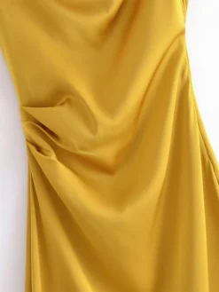 Women's Prom Dress Party Dress Satin Dress Midi Dress Yellow Pink Sleeveless Pure Color Ruched Fall Winter Autumn Spaghetti Strap Fashion Evening Party Vacation 2023 S M L -Party Prom Dresses Sales Store fbzudq1695268639082