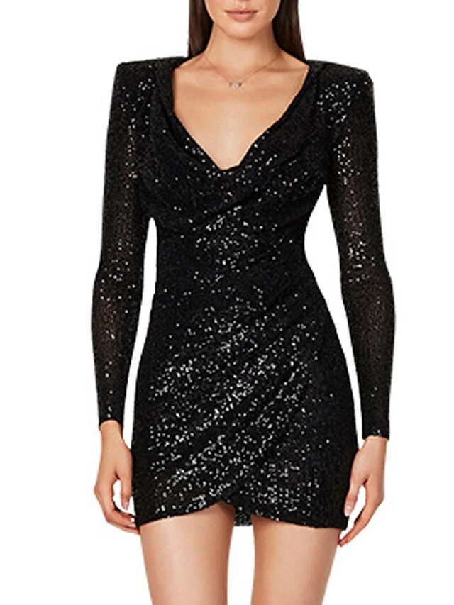 Women's Party Dress Sequin Dress Bodycon Mini Dress Black White Champagne Long Sleeve Pure Color Sequins Fall Winter V Neck Fashion Party Winter Dress Fall Dress 2023 S M L XL 6 Women's Party Dress Sequin Dress Bodycon Mini Dress Black White Champagne Long Sleeve Pure Color Sequins Fall Winter V Neck Fashion Party Winter Dress Fall Dress 2023 S M L XL - Image 6