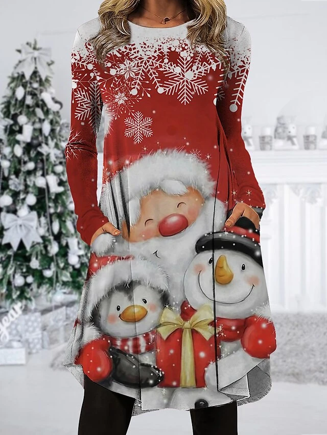 Women's Christmas Work Dress Casual Dress Fashion Winter DressDaily Midi Dress Pocket Print Crew Neck Long Sleeve Santa Claus Snowman Regular Fit Black Wine Red Fall Winter S M L XL XXL 3 Women's Christmas Work Dress Casual Dress Fashion Winter DressDaily Midi Dress Pocket Print Crew Neck Long Sleeve Santa Claus Snowman Regular Fit Black Wine Red Fall Winter S M L XL XXL - Image 3
