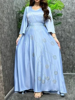 Women's Prom Dress Party Dress Swing Dress Long Dress Maxi Dress Wine Dark Blue Light Blue 3/4 Length Sleeve Leaf Beads Spring Fall Winter V Neck Fashion Winter Dress Wedding Guest Evening Party 2023 -Party Prom Dresses Sales Store fcxixy1696839863757