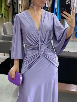 Women's Prom Dress Party Dress Satin Dress Long Dress Maxi Dress Purple 3/4 Length Sleeve Pure Color Ruched Spring Fall Winter V Neck Fashion Winter Dress Evening Party Wedding Guest 2023 S M L XL -Party Prom Dresses Sales Store fdgmgc1692786922171