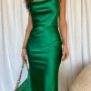 Women's Party Dress Cocktail Dress Wedding Guest Dress Midi Dress Brown Green Light Blue Sleeveless Pure Color Ruched Summer Spring Spaghetti Strap Fashion Wedding Guest Vacation Summer Dress 2023 S