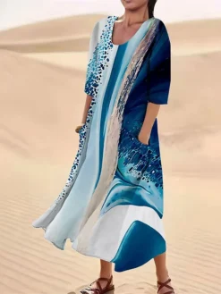 Women's Casual Dress Cotton Linen Dress Midi Dress Polyester Fashion Casual Daily Outdoor Daily Vacation Crew Neck Pocket Print Half Sleeve Summer Spring Fall 2023 Loose Fit Yellow Dark Pink Navy Blue