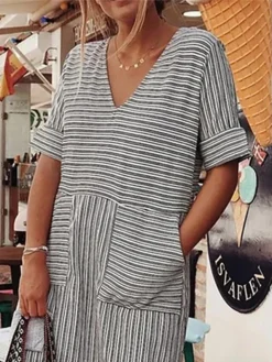 Women's Casual Dress Cotton Linen Dress Midi Dress Cotton Blend Fashion Modern Outdoor Daily V Neck Pocket Rolled Cuff Half Sleeve Summer Spring Fall 2023 Loose Fit Gray Striped S M L XL 2XL -Party Prom Dresses Sales Store fdooec1682566815944