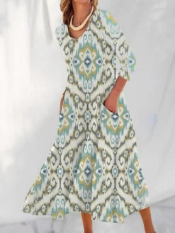 Women's Casual Dress Cotton Linen Dress Swing Dress Maxi Long Dress Polyester Fashion Casual Daily Outdoor Daily Vacation V Neck Split Print Long Sleeve Summer Spring Fall 2023 Loose Fit White Navy -Party Prom Dresses Sales Store fdsevh1690539145552