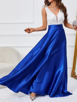Women's Prom Dress Party Dress Sequin Dress Long Dress Maxi Dress Blue Sleeveless Color Block Sequins Spring Fall Winter V Neck Fashion Wedding Guest Birthday Evening Party 2023 S M L XL -Party Prom Dresses Sales Store fehslx1696076961459