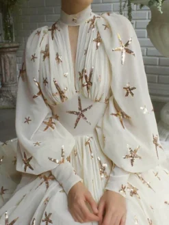 Women's Party Dress Sequin Dress Homecoming Dress Long Dress Maxi Dress Light Yellow Long Sleeve Star Sequins Fall Winter Autumn Stand Collar Modern Fall Dress 2023 S M L XL XXL -Party Prom Dresses Sales Store feibgc1697451049727