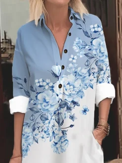 Women's Shirt Dress Casual Dress Cotton Linen Dress Midi Dress Polyester Fashion Casual Daily Outdoor Daily Vacation Shirt Collar Button Pocket 3/4 Length Sleeve Spring Fall Autumn 2023 Loose Fit Blue -Party Prom Dresses Sales Store fekmiu1693905773498