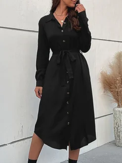 Women's Work Dress Casual Dress Black Dress Fashion Office Daily Workfashion Midi Dress Lace Up Button Shirt Collar Long Sleeve Plain Loose Fit Black Fall Winter S M L XL -Party Prom Dresses Sales Store fenbsr1695105091245