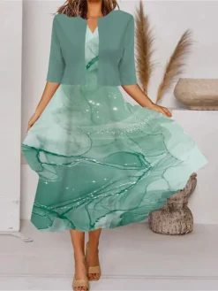 Women's Two Piece Dress Set Casual Dress Tank Dress Outdoor Daily Fashion Streetwear Pocket Print Midi Dress V Neck 3/4 Length Sleeve Geometric Color Block Regular Fit Black White Blue Spring Fall S -Party Prom Dresses Sales Store fensyl1690857633570