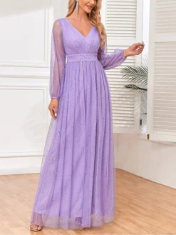Women‘s Prom Dress Party Dress Sequin Dress Long Dress Maxi Dress Purple Long Sleeve Pure Color Sparkly Glitter Sequins Fall Winter Autumn V Neck Fashion Wedding Guest Birthday Evening Party -Party Prom Dresses Sales Store ffafmo1693535470229