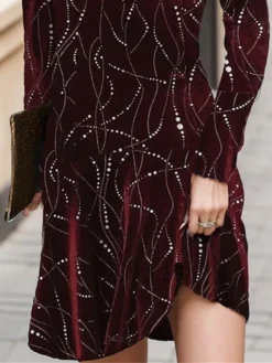 Women's Velvet Dress Party Dress Cocktail Dress Mini Dress Wine Long Sleeve Geometric Ruched Spring Fall Winter V Neck Fashion Winter Dress Christmas Wedding Guest 2023 S M L XL XXL 3XL -Party Prom Dresses Sales Store fffjmn1697594545948