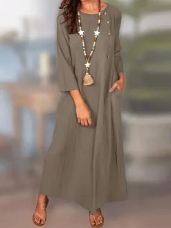 Women's Casual Dress Cotton Linen Dress Shift Dress Maxi Long Dress Cotton Blend Fashion Classic Outdoor Daily Vacation Crew Neck Button Pocket Long Sleeve Summer Spring Fall 2023 Loose Fit ArmyGreen -Party Prom Dresses Sales Store ffpnyw1678262922312