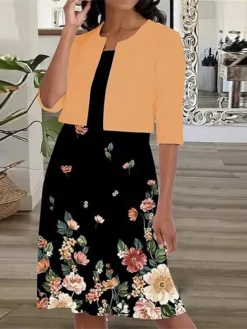 Women's Dress Set Two Piece Dress A Line Dress Midi Dress Black Pink Gray 3/4 Length Sleeve Floral Print Summer Spring Crew Neck Elegant Loose Fit 2023 S M L XL XXL