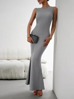 Women's Party Dress Cocktail Dress Wedding Guest Dress Long Dress Maxi Dress Blue Brown Khaki Sleeveless Pure Color Ruched Fall Autumn Crew Neck Fashion Wedding Guest Birthday Vacation 2023 S M L XL