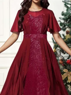 Women's Prom Dress Party Dress Sequin Dress Long Dress Maxi Dress Wine Half Sleeve Pure Color Sequins Spring Fall Winter Crew Neck Fashion Christmas Wedding Guest Evening Party 2023 S M L XL XXL 3XL -Party Prom Dresses Sales Store fhdmbs1696671834036