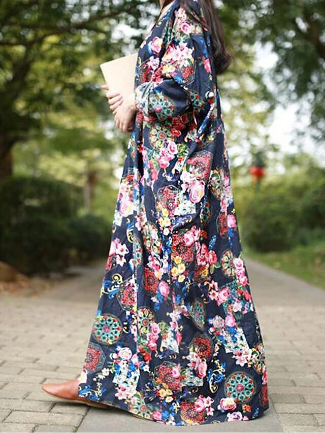 Women's Casual Dress Cotton Linen Dress Loose Dress Maxi Long Dress Linen / Cotton Blend Daily Stylish Outdoor Daily Vacation Crew Neck Print Long Sleeve Spring Fall Winter 2023 Loose Fit Wine Red 2 Women's Casual Dress Cotton Linen Dress Loose Dress Maxi Long Dress Linen / Cotton Blend Daily Stylish Outdoor Daily Vacation Crew Neck Print Long Sleeve Spring Fall Winter 2023 Loose Fit Wine Red - Image 2