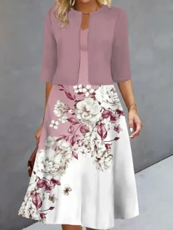 Women's Two Piece Dress Set Casual Dress Print Dress Outdoor Daily Fashion Elegant Print Midi Dress V Neck Half Sleeve Floral Regular Fit Blue Purple Green Fall Winter S M L XL XXL -Party Prom Dresses Sales Store fhmnxb1693277918801