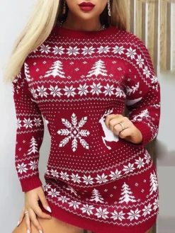 Women‘s Christmas Sweater Dress Jumper Dress Winter Dress Warm Geometric Tree Print Outdoor Christmas Casual Daily Crew Neck Long Sleeve 2023 Regular Fit Red S M L XL