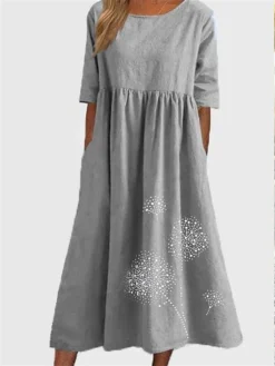 Women's Casual Dress Cotton Linen Dress Swing Dress Midi Dress Cotton Blend Basic Casual Outdoor Daily Vacation Crew Neck Ruched Pocket Half Sleeve Summer Spring Fall 2023 Loose Fit ArmyGreen Black -Party Prom Dresses Sales Store fhuqlj1678263980229