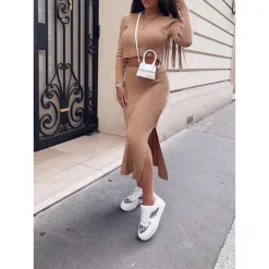 Women's Two Piece Dress Set Casual Dress Sweater Dress Outdoor Daily Fashion Streetwear Split Midi Dress Crew Neck Long Sleeve Plain Regular Fit Black White Orange Fall Winter S M L XL XXL -Party Prom Dresses Sales Store fiegot1695635367072