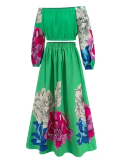 Women's Two Piece Dress Set Casual Dress Skirt Set Daily Going Out Casual Ruched Print Long Dress Maxi Dress Off Shoulder Long Sleeve Floral Regular Fit Blue Green Rose Red Fall Winter S M L XL XXL -Party Prom Dresses Sales Store fihtnx1692339433601
