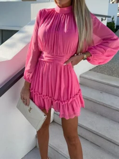 Women's Work Dress Sheath Dress Chiffon Dress Fashion Winter Dress Office Daily Mini Dress Ruched Crew Neck Long Sleeve Stripe Plain Regular Fit Black White Purple Fall Winter S M L XL -Party Prom Dresses Sales Store fijakf1695096229400