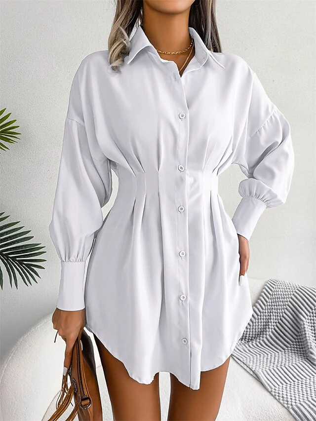 Women's Work Dress White Dress Semi Formal Dress Fashion Office Daily Workfashion Mini Dress Ruched Button Shirt Collar Long Sleeve Plain Loose Fit White Blue Army Green Fall Winter S M L XL 3 Women's Work Dress White Dress Semi Formal Dress Fashion Office Daily Workfashion Mini Dress Ruched Button Shirt Collar Long Sleeve Plain Loose Fit White Blue Army Green Fall Winter S M L XL - Image 3
