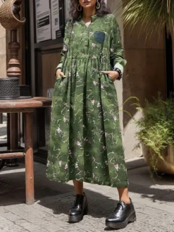 Women's Casual Dress Cotton Linen Dress Swing Dress Maxi Long Dress Linen Cotton Blend Daily Casual Outdoor Daily Vacation Split Neck Button Print Long Sleeve Spring Fall Winter 2023 Loose Fit Wine