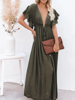 Women's Normal Party Dress White Dress Long Dress Maxi Dress Black White Army Green Long Sleeve Pure Color Button Summer Spring Fall Plunge Vacation One-Size -Party Prom Dresses Sales Store fjgqqv1655979378039