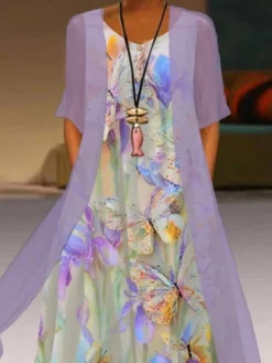 Women's Dress Set Two Piece Dress A Line Dress Maxi Long Dress Light Green Purple Short Sleeve Animal Ruched Spring Summer Crew Neck Casual Daily Vacation 2023 S M L XL XXL 3XL -Party Prom Dresses Sales Store fjnkfc1664181150355