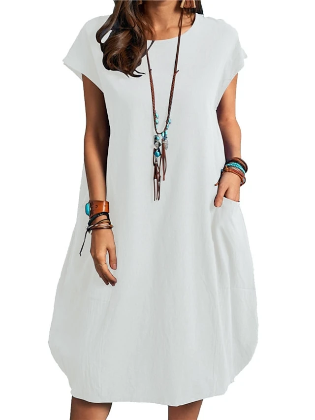 Women's Cotton Linen Dress Casual Dress Shift Dress Midi Dress Cotton And Linen Casual Classic Outdoor Daily Vacation Crew Neck Pocket Short Sleeve Summer Spring Fall 2023 Regular Fit Black White 9 Women's Cotton Linen Dress Casual Dress Shift Dress Midi Dress Cotton And Linen Casual Classic Outdoor Daily Vacation Crew Neck Pocket Short Sleeve Summer Spring Fall 2023 Regular Fit Black White - Image 9