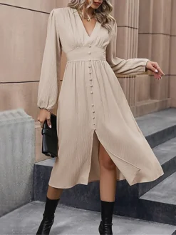 Women's Work Dress Casual Dress Swing Dress Fashion Office Daily Workfashion Midi Dress Button Split V Neck Long Sleeve Plain Regular Fit Apricot Fall Winter S M L XL