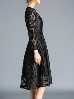 Women's Party Dress Lace Dress Swing Dress Midi Dress Wine Red Black Blue Long Sleeve Pure Color Lace Winter Fall Spring Crew Neck Elegant Party Winter Dress Wedding Guest 2023 S M L XL 2XL 3XL -Party Prom Dresses Sales Store fkkzkk1647845146306