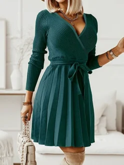 Women's Sweater Dress Jumper Dress Casual Dress Mini Dress Fashion Plain Outdoor Daily Going Out V Neck Long Sleeve 2023 Loose Fit Black Green Khaki S M L XL XXL -Party Prom Dresses Sales Store fkzndt1694427617447