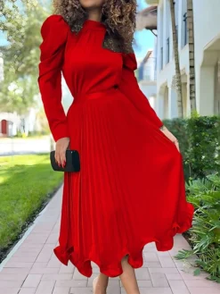 Women's Two Piece Dress Set Party Dress Skirt Set Party Wedding Guest Fashion Party Pleated Ruffle Midi Dress Stand Collar Long Sleeve Plain Loose Fit White Yellow Red Fall Winter S M L XL XXL -Party Prom Dresses Sales Store flfusf1697597416812