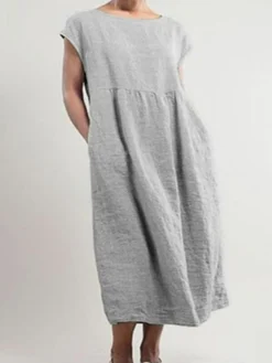 Women's Cotton Linen Dress A Line Dress Maxi Long Dress Cotton Blend Basic Casual Daily Vacation Crew Neck Patchwork Pocket Short Sleeve Summer Spring Linen Loose Fit Black White Pink Pure Color S M -Party Prom Dresses Sales Store flqzvp1605666957763