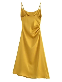 Women's Prom Dress Party Dress Satin Dress Midi Dress Yellow Pink Sleeveless Pure Color Ruched Fall Winter Autumn Spaghetti Strap Fashion Evening Party Vacation 2023 S M L -Party Prom Dresses Sales Store flrzcj1695268634465