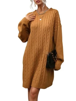 Women's Sweater Dress Jumper Dress Casual Dress Mini Dress Warm Pure Color Outdoor Casual Daily Going Out Crew Neck Long Sleeve 2023 Loose Fit Camel S M L -Party Prom Dresses Sales Store fmjslh1695106686351