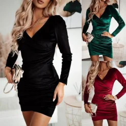 Women‘s Cocktail Party Dress Wedding Guest Dress Homecoming Dress Velvet Dress Midi Dress Black Red Green Long Sleeve Pure Color Ruched Winter Fall Spring V Neck Fashion Winter Dress Date -Party Prom Dresses Sales Store fnaaqn1638512796460