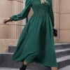 Women's Work Dress Casual Dress Swing Dress Fashion Office Daily Workfashion Midi Dress Ruched Crew Neck Long Sleeve Plain Slim Green Fall Winter S M L XL