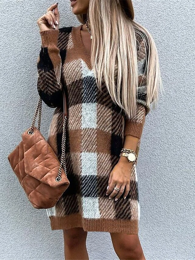 Women's Sweater Dress Winter Dress Jumper Dress Mini Dress Fashion Plaid Daily Date Going Out Weekend V Neck Long Sleeve Patchwork 2023 Regular Fit Khaki S M L XL 2 Women's Sweater Dress Winter Dress Jumper Dress Mini Dress Fashion Plaid Daily Date Going Out Weekend V Neck Long Sleeve Patchwork 2023 Regular Fit Khaki S M L XL - Image 2