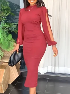 Women's Work Dress Sheath Dress Black Dress Fashion Midi Dress Ruched Crew Neck Long Sleeve Plain Slim Black Pink Red Fall Winter S M L XL -Party Prom Dresses Sales Store fnzwcl1693214208923