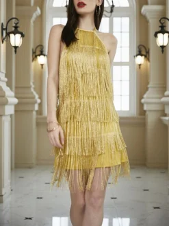 Women's Party Dress Fringe Dress Cocktail Dress Mini Dress Purple Gold Sleeveless Pure Color Tassel Fringe Summer Spring Fall Halter Neck Fashion Wedding Guest Vacation Summer Dress 2023 S M L XL -Party Prom Dresses Sales Store foizag1690341246661