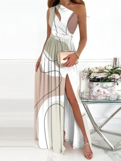 Women's Prom Dress Party Dress Wedding Guest Dress Long Dress Maxi Dress Pink Blue Green Sleeveless Geometric Split Summer Spring Fall One Shoulder Fashion Evening Party Wedding Guest Vacation 2023 S -Party Prom Dresses Sales Store fopesp1694058960306